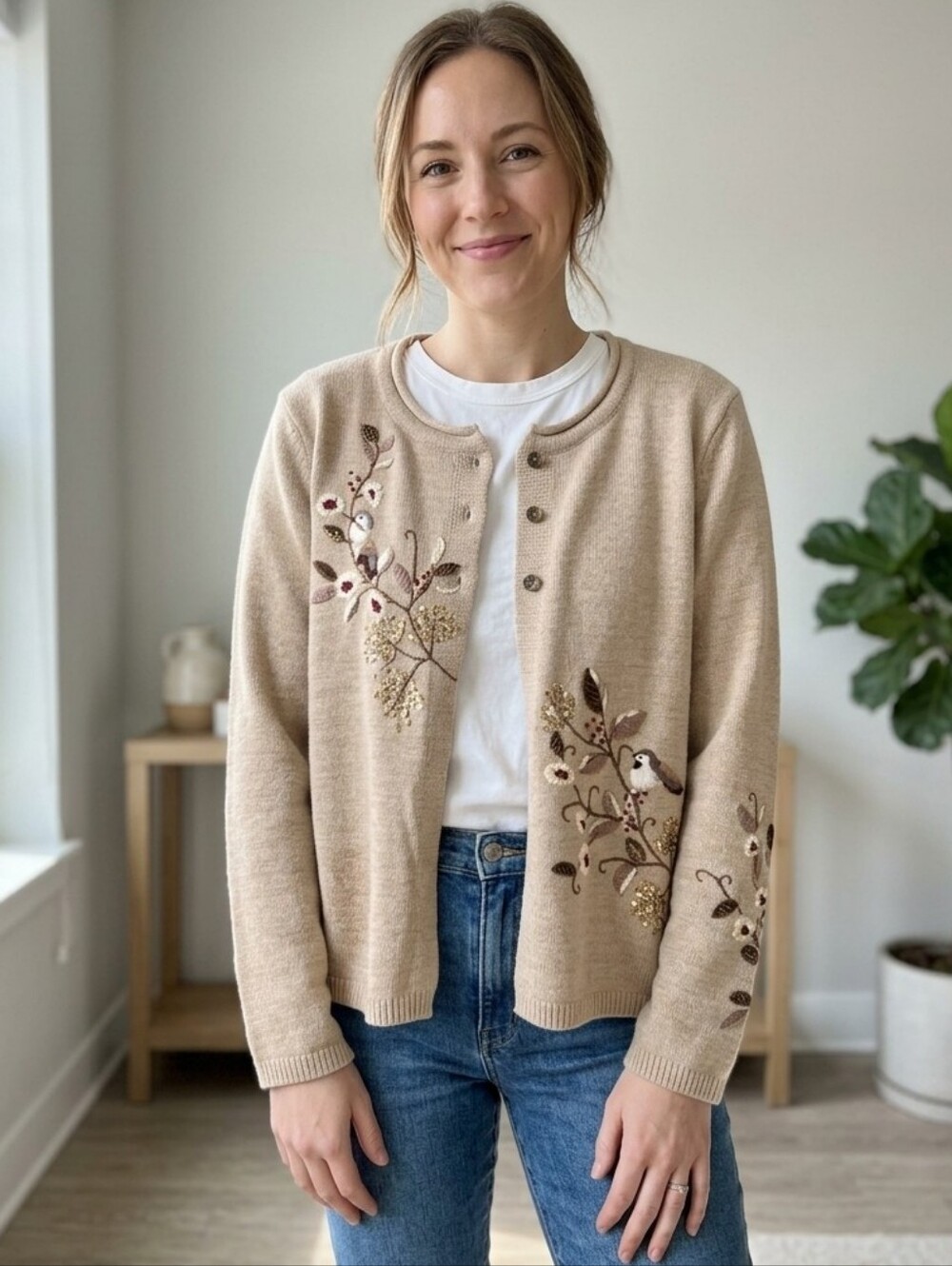 Vintage Coldwater Creek Bird & Floral Embroidered Sequin Cardigan Sweater